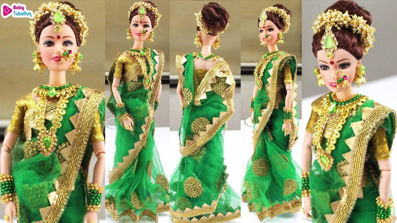 Decorate barbie doll as Maharashtrian bride in Saree